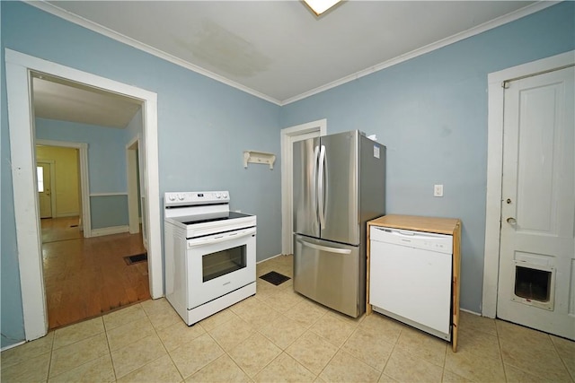 362 Euclid Ave, Elmira-City, NY 14905 - kitchen with white appliances, crown molding, and light tile patterned flooring