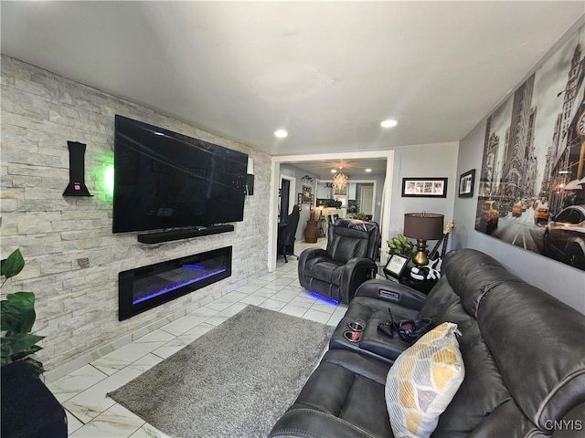 6 Bryant St, Utica, NY 13502 - living room with a fireplace, marble finish flooring, and recessed lighting