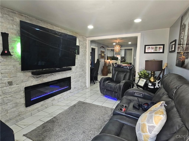6 Bryant St, Utica, NY 13502 - living room with a fireplace, marble finish flooring, and recessed lighting