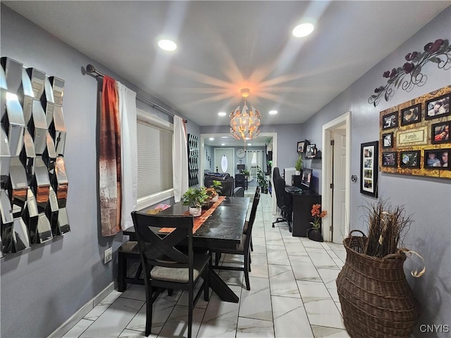 6 Bryant St, Utica, NY 13502 - dining area with light marble finish flooring, recessed lighting, and a chandelier