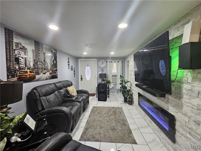 6 Bryant St, Utica, NY 13502 - living room featuring a glass covered fireplace, recessed lighting, and marble finish flooring