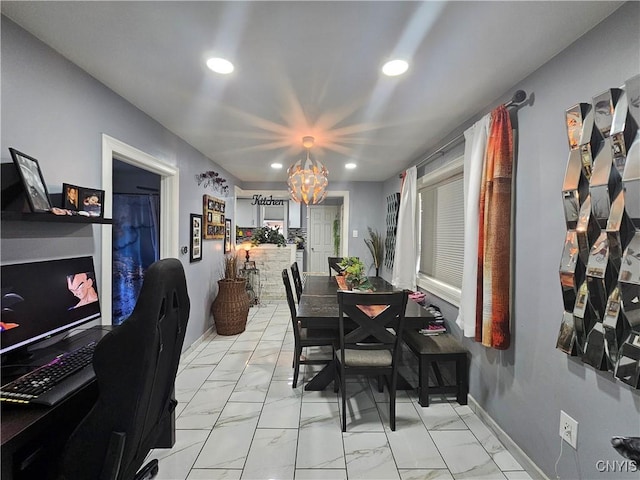6 Bryant St, Utica, NY 13502 - dining room with light marble finish flooring, recessed lighting, and a chandelier