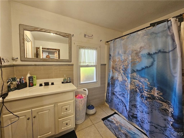 6 Bryant St, Utica, NY 13502 - bathroom featuring vanity, tile patterned floors, tile walls, and a shower with shower curtain