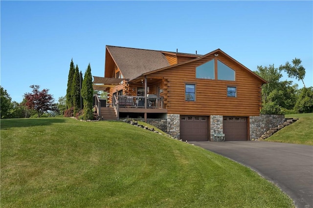 5600 State Route 81, Greenville, NY 12083 - view of home's exterior with log siding, a garage, a lawn, and driveway