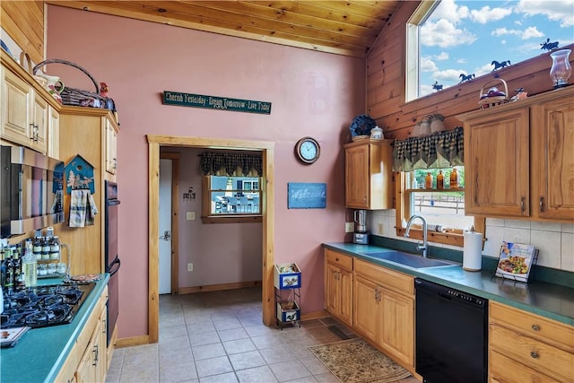 5600 State Route 81, Greenville, NY 12083 - kitchen with black appliances, lofted ceiling, backsplash, dark countertops, and light tile patterned flooring