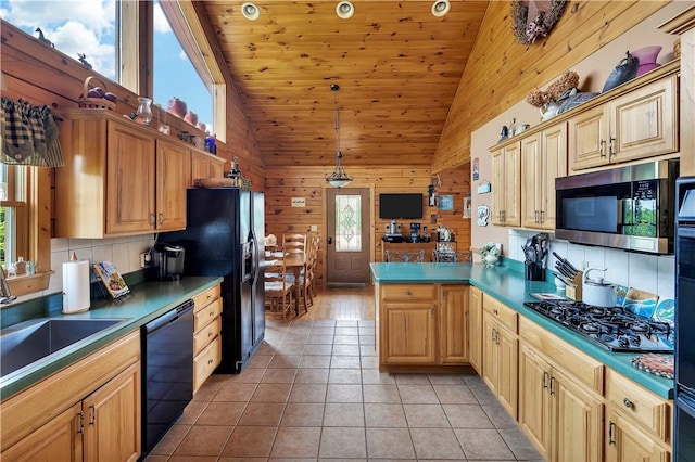 5600 State Route 81, Greenville, NY 12083 - kitchen with black appliances, high vaulted ceiling, wood walls, wood ceiling, and a peninsula