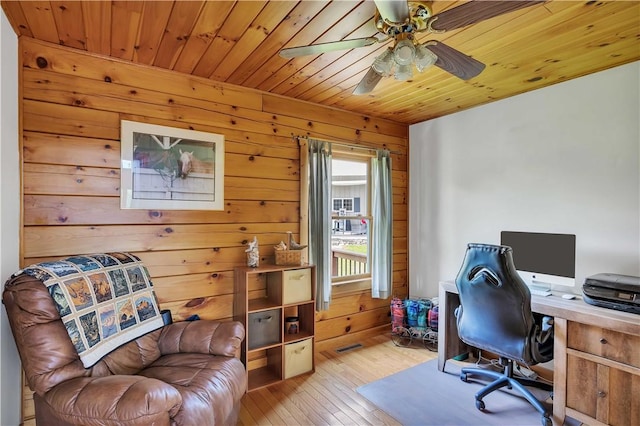 5600 State Route 81, Greenville, NY 12083 - home office with light wood-style flooring, a ceiling fan, wooden ceiling, and wood walls