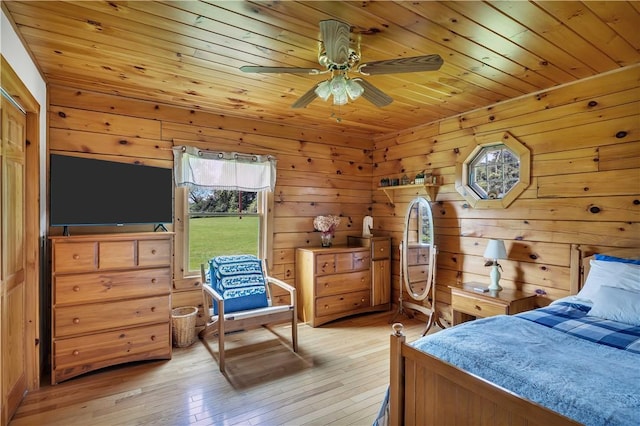 5600 State Route 81, Greenville, NY 12083 - bedroom featuring light wood-type flooring, wooden ceiling, wood walls, and a ceiling fan