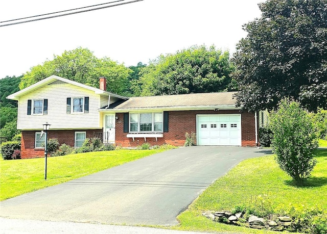 4883 Pinecrest Rd, Veteran, NY 14864 - split level home featuring brick siding, an attached garage, asphalt driveway, a front yard, and a chimney