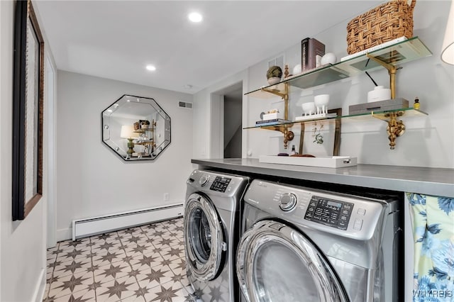 87 Garrison Rd, Amherst, NY 14221 - laundry area with a baseboard heating unit, tile patterned floors, washing machine and dryer, and recessed lighting