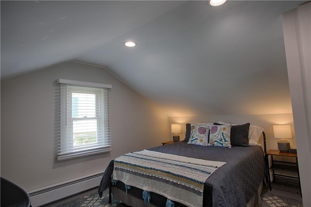 7689 State Highway 80, Springfield, NY 13468 - bedroom featuring baseboard heating, lofted ceiling, and recessed lighting