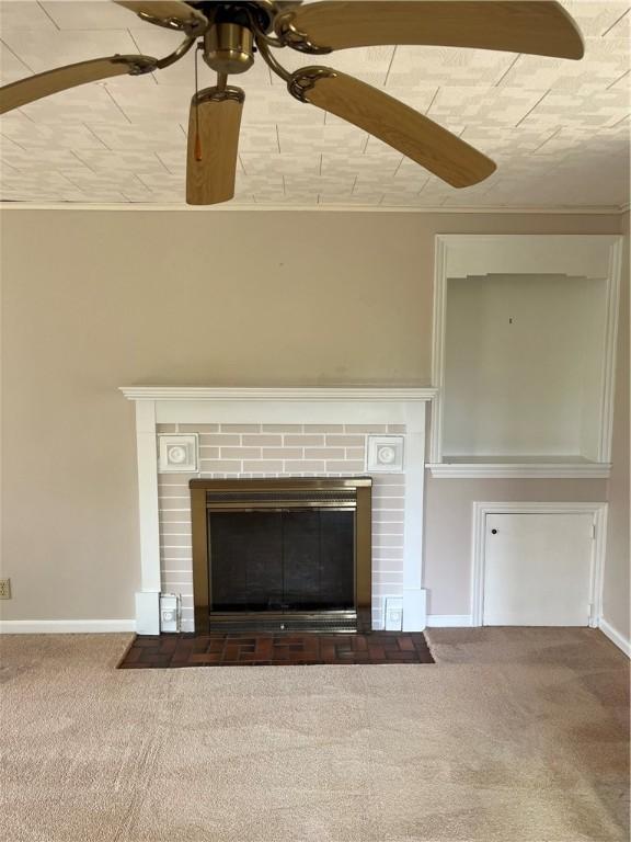 7 Orchard Pl, Bradford-City, PA 16701 - detailed view of carpet flooring, a fireplace, and a ceiling fan
