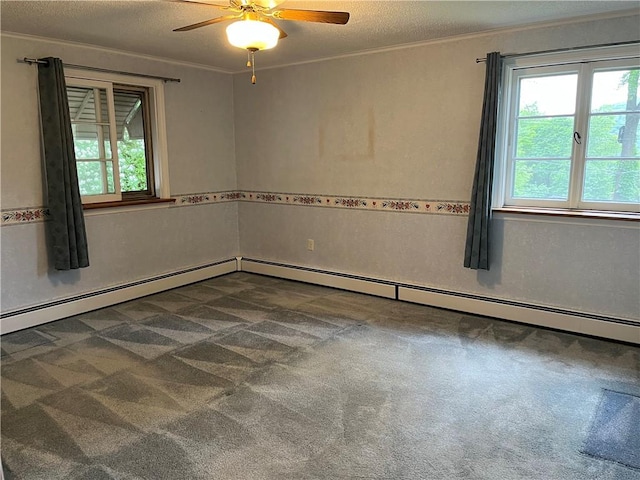 7 Orchard Pl, Bradford-City, PA 16701 - empty room featuring plenty of natural light, dark carpet, crown molding, ceiling fan, and a textured ceiling