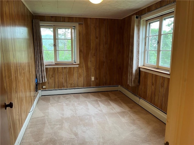 7 Orchard Pl, Bradford-City, PA 16701 - empty room featuring wood walls, plenty of natural light, light colored carpet, and a baseboard radiator