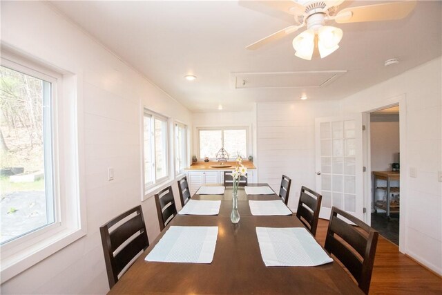 16353 W Lake Rd, Pulteney, NY 14418 - dining area with attic access, wood finished floors, and a ceiling fan