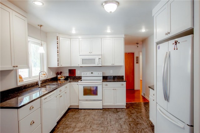 16353 W Lake Rd, Pulteney, NY 14418 - kitchen with white appliances, white cabinets, hanging light fixtures, tile patterned floors, and recessed lighting