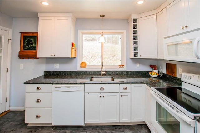 16353 W Lake Rd, Pulteney, NY 14418 - kitchen with white appliances, open shelves, white cabinetry, dark stone countertops, and decorative light fixtures