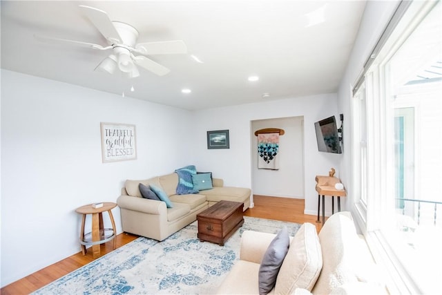 16353 W Lake Rd, Pulteney, NY 14418 - living room featuring wood finished floors, ceiling fan, and recessed lighting