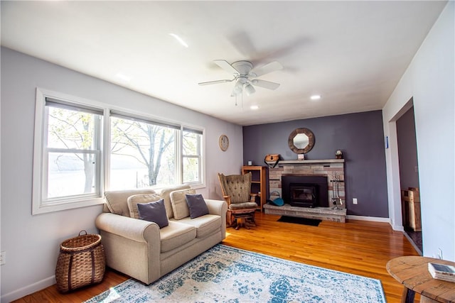 16353 W Lake Rd, Pulteney, NY 14418 - living room featuring a ceiling fan, wood finished floors, recessed lighting, and a fireplace
