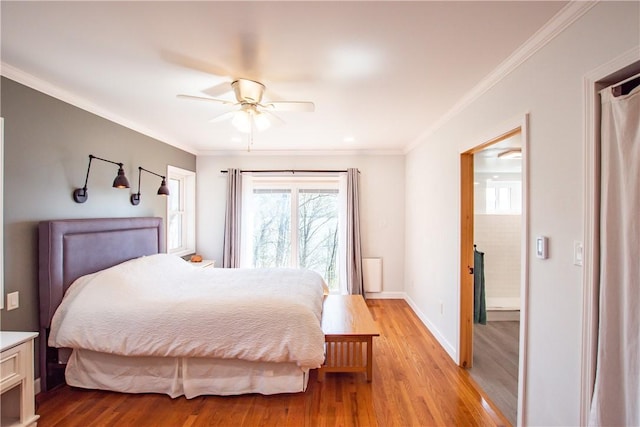 16353 W Lake Rd, Pulteney, NY 14418 - bedroom with multiple windows, light wood finished floors, crown molding, and ceiling fan