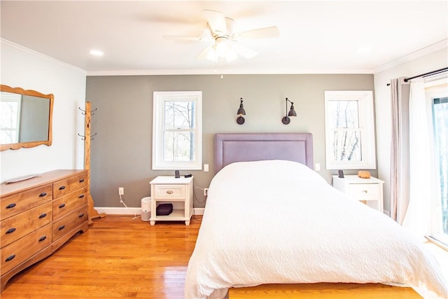 16353 W Lake Rd, Pulteney, NY 14418 - bedroom with light wood-style floors, ornamental molding, multiple windows, a ceiling fan, and recessed lighting