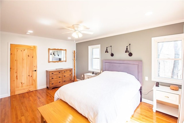 16353 W Lake Rd, Pulteney, NY 14418 - bedroom with light wood finished floors, ornamental molding, recessed lighting, and a ceiling fan