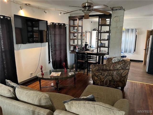 995 Tonawanda St, Buffalo, NY 14207 - living room featuring a ceiling fan, wood finished floors, and track lighting