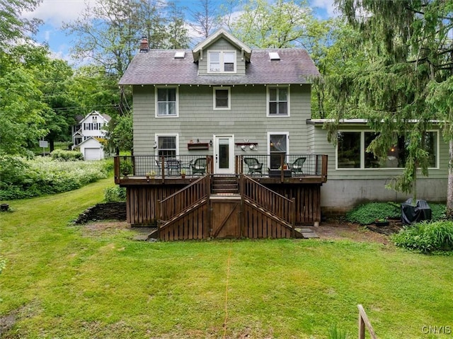 3864 Bristol Rd, Kirkland, NY 13323 - rear view of house featuring stairway, a deck, a lawn, a chimney, and roof with shingles
