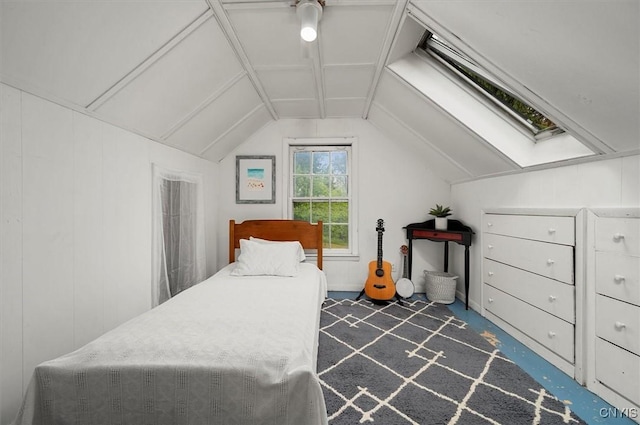 3864 Bristol Rd, Kirkland, NY 13323 - bedroom with lofted ceiling, dark carpet, and a skylight