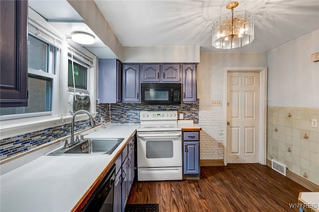 2776 Forest Ave, Niagara Falls, NY 14303 - kitchen featuring black microwave, white range with electric cooktop, tile walls, dark wood finished floors, and a chandelier