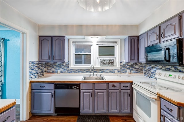 2776 Forest Ave, Niagara Falls, NY 14303 - kitchen featuring white electric range oven, stainless steel dishwasher, black microwave, dark wood finished floors, and tasteful backsplash
