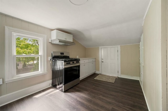 37 Nelson St, Auburn, NY 13021 - kitchen featuring gas range, under cabinet range hood, dark wood-type flooring, white cabinets, and vaulted ceiling