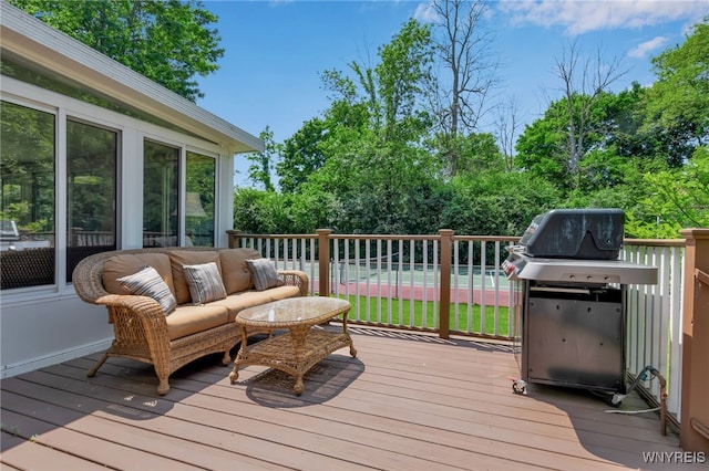 44 Deer Run, Amherst, NY 14221 - deck with a grill and view of wooded area