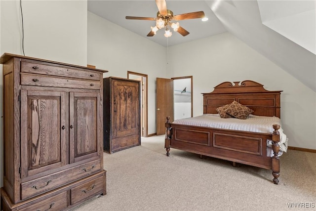 8345 Lapp Rd, Clarence, NY 14051 - bedroom featuring light carpet, vaulted ceiling, and ceiling fan
