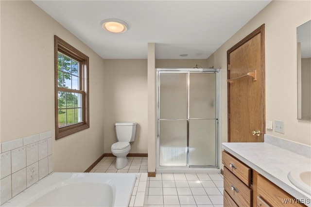 8345 Lapp Rd, Clarence, NY 14051 - full bathroom featuring vanity, a stall shower, a bath, and tile patterned flooring