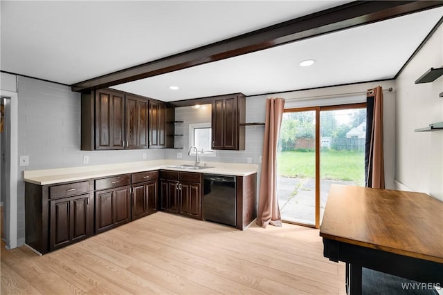 55 Spruce Rd, Amherst, NY 14226 - kitchen featuring black dishwasher, open shelves, light wood-style floors, dark brown cabinetry, and recessed lighting