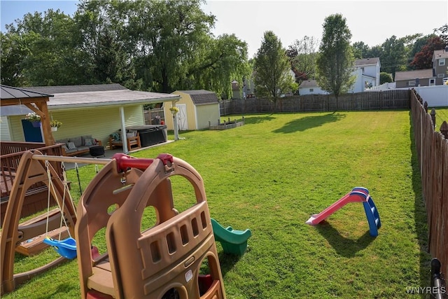 1422 Master St, North Tonawanda, NY 14120 - view of jungle gym featuring a fenced backyard and a storage shed