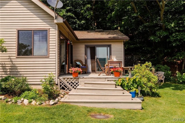 3271 Lanning Rd, Spafford, NY 13152 - property entrance featuring a yard and a wooden deck