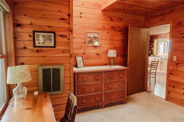 3271 Lanning Rd, Spafford, NY 13152 - bedroom featuring wooden ceiling, wooden walls, and light carpet