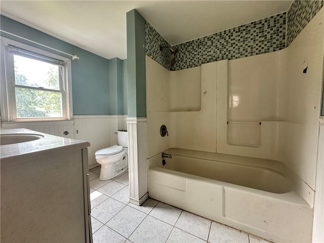 55 Maple St, Canisteo, NY 14823 - bathroom with tile patterned flooring, vanity, wainscoting, and shower / bath combination