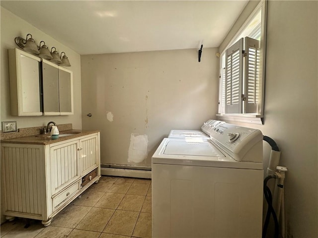 55 Maple St, Canisteo, NY 14823 - washroom with baseboard heating, independent washer and dryer, and light tile patterned flooring