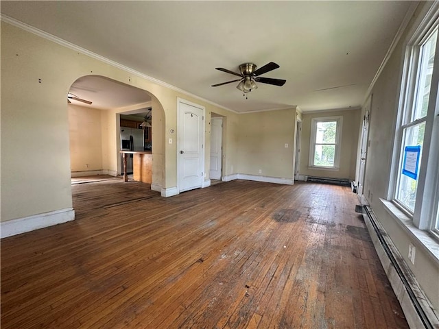 55 Maple St, Canisteo, NY 14823 - unfurnished living room with a baseboard heating unit, ceiling fan, hardwood / wood-style flooring, ornamental molding, and arched walkways