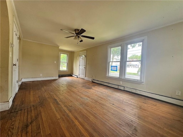 55 Maple St, Canisteo, NY 14823 - empty room featuring ornamental molding, hardwood / wood-style flooring, baseboard heating, and ceiling fan
