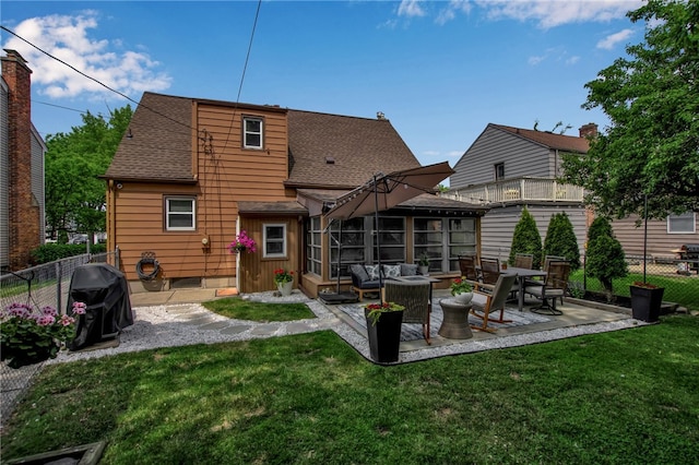 847 Starin Ave, Tonawanda-Town, NY 14223 - rear view of property featuring a shingled roof, a patio, an outdoor living space, and a sunroom