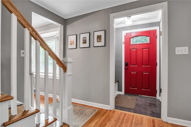 847 Starin Ave, Tonawanda-Town, NY 14223 - foyer entrance featuring stairs, crown molding, and wood finished floors