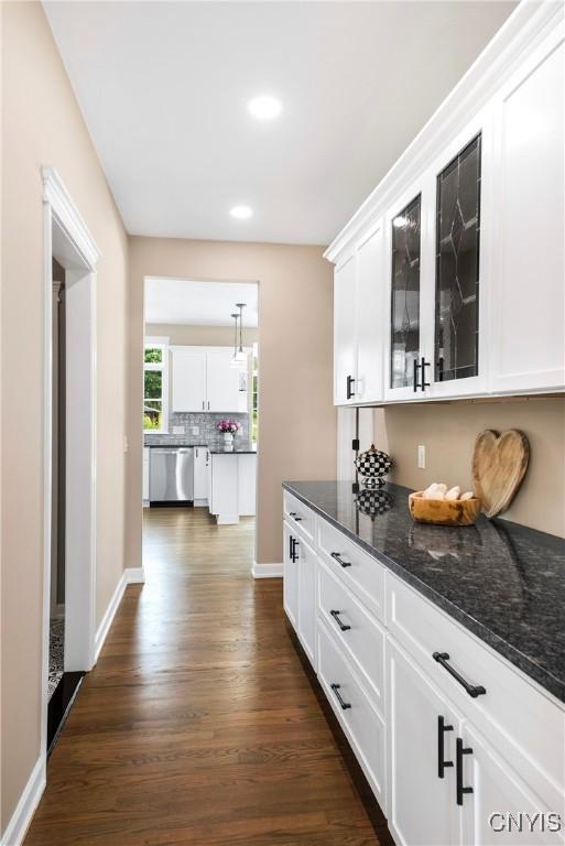 4244 County Line Rd, Skaneateles, NY 13152 - bar with stainless steel dishwasher, dark wood-style flooring, recessed lighting, and tasteful backsplash