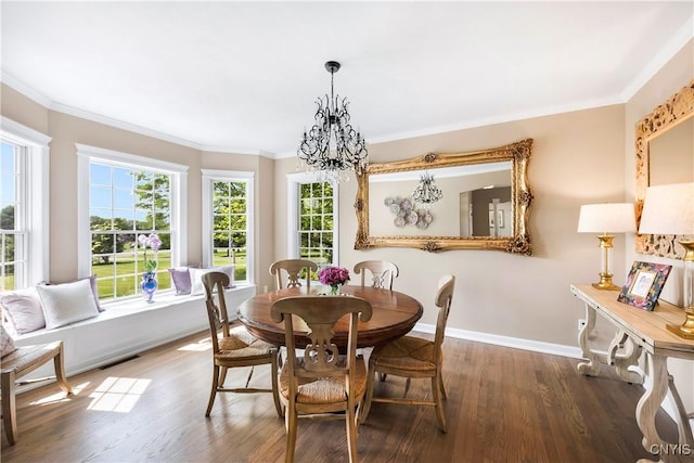 4244 County Line Rd, Skaneateles, NY 13152 - dining space with a chandelier, healthy amount of natural light, wood finished floors, and crown molding