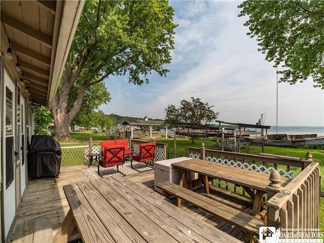 3971 Rte 430, Ellery, NY 14712 - deck featuring area for grilling, a water view, a yard, and outdoor dining space