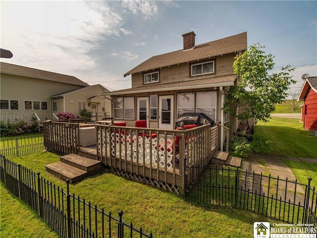 3971 Rte 430, Ellery, NY 14712 - back of house with a wooden deck, a chimney, a shingled roof, and a sunroom