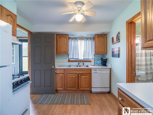 3971 Rte 430, Ellery, NY 14712 - kitchen featuring white appliances, light wood finished floors, light countertops, and under cabinet range hood